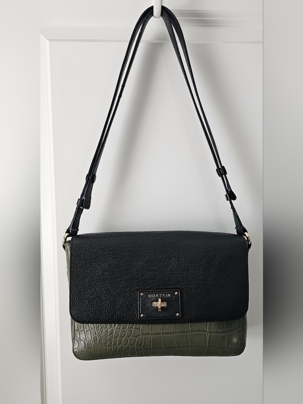 Cole Haan Black and Olive Green Leather Shoulder Bag